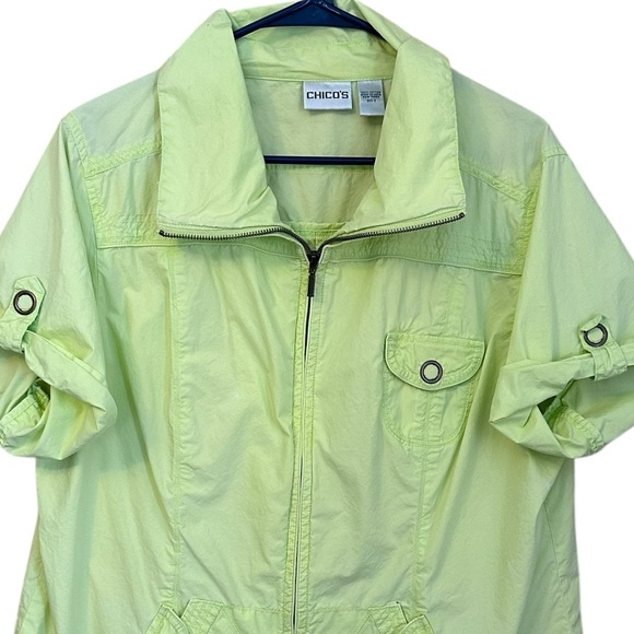 Chico’s Short Sleeve Shirt Jacket Line Green Fill Zip Sz 3/XL - Picture 5 of 5